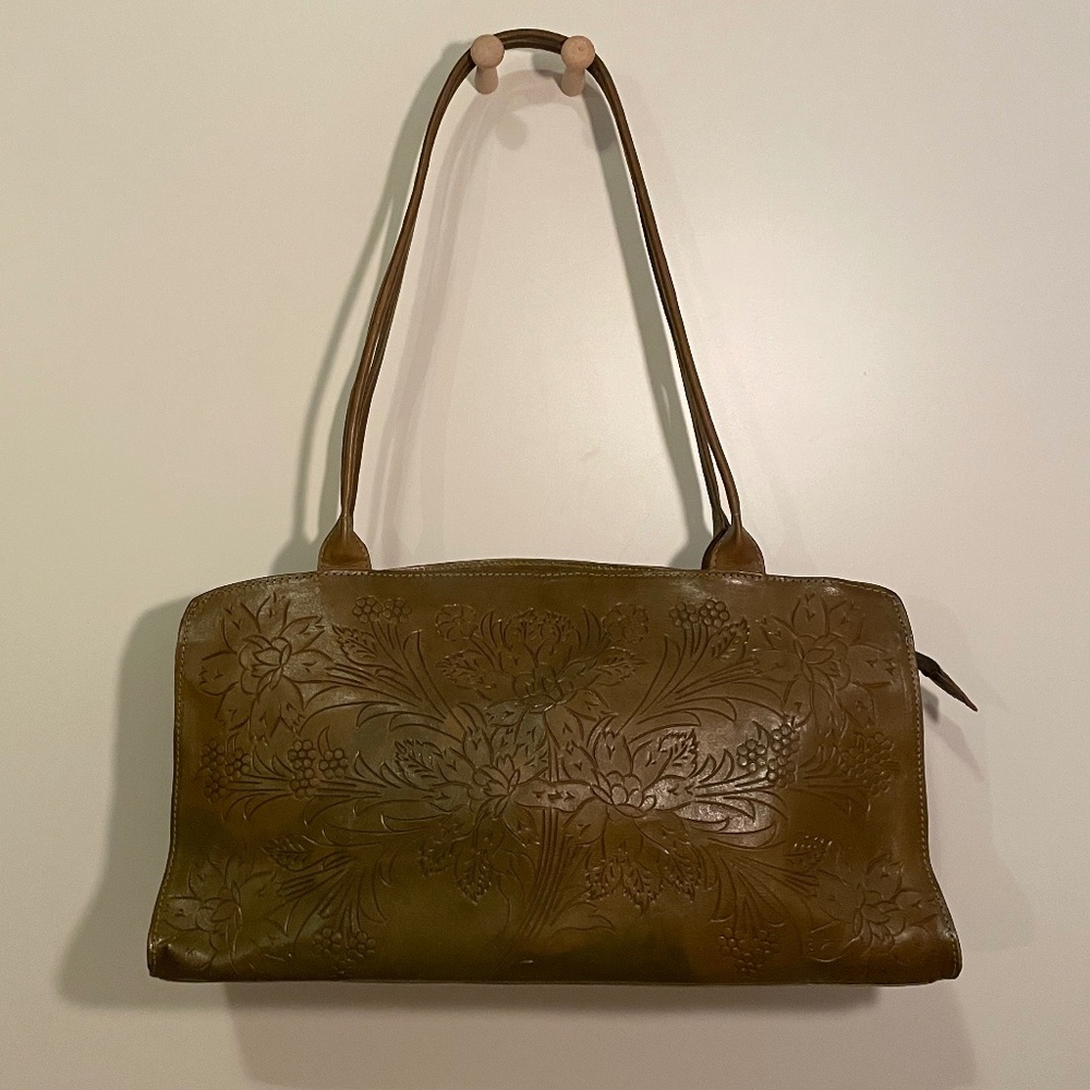 Embossed Floral Leather Shoulder Bag - Brown/Olive Green